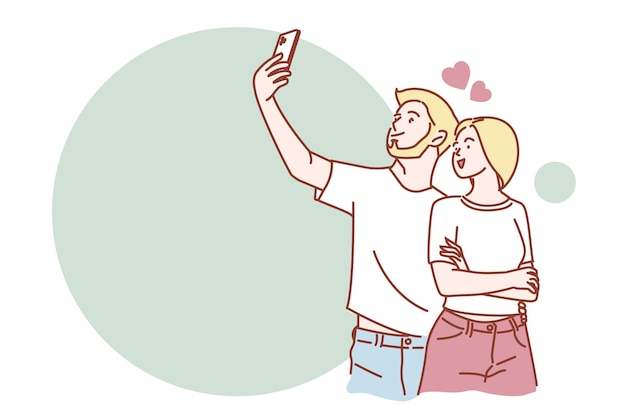 Couple Prenant Un Selfie Depuis Une Caméra Mobile. Dessins Animés De Personnages Vectoriels.