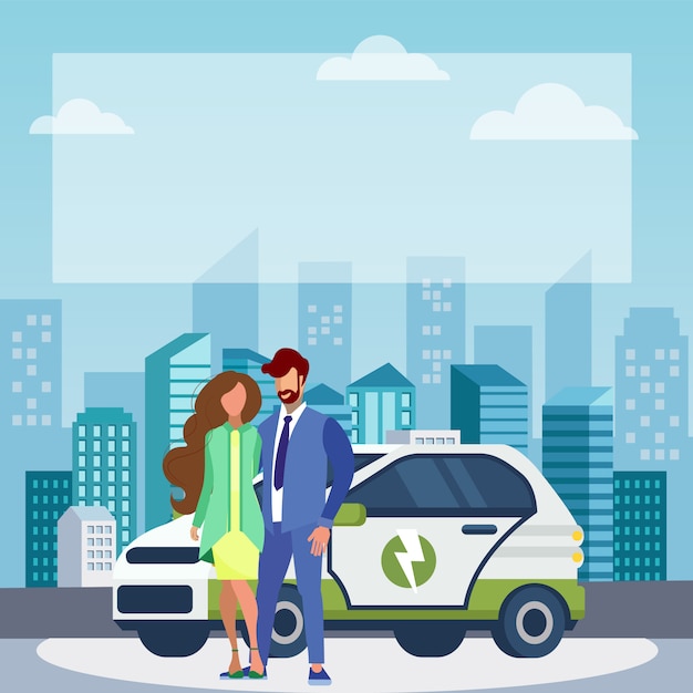 Couple, Près, Voiture électrique, Plat, Illustration Vectorielle