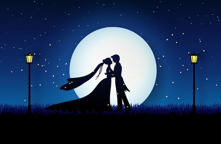 Vecteur couple, robe mariage, étreindre, sur, les, pré, jardin