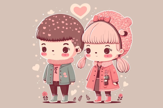 Couple romantique dans un style kawaii plat fond de saint valentin