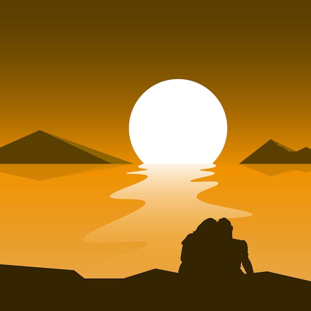 Vecteur couple romantique sur une illustration de fond vectorielle du coucher de soleil