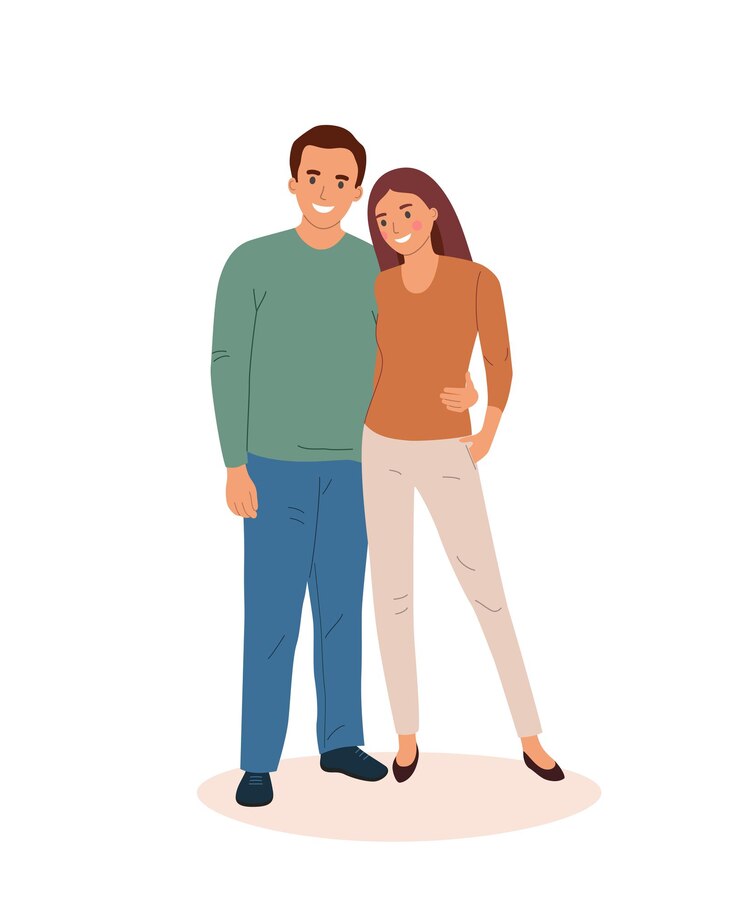 Vecteur couple romantique souriant. jeune femme et homme debout ensemble embrassant. illustration vectorielle de style plat dessin animé.