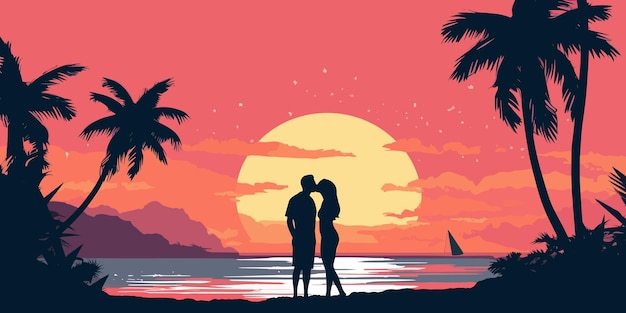 Vecteur couple s'embrassant sur la plage au coucher du soleil avec illustration de bannière vectorielle de palmiers