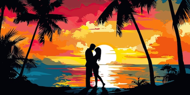 Vecteur couple s'embrassant sur la plage colorée au coucher du soleil avec illustration de bannière vectorielle de palmiers