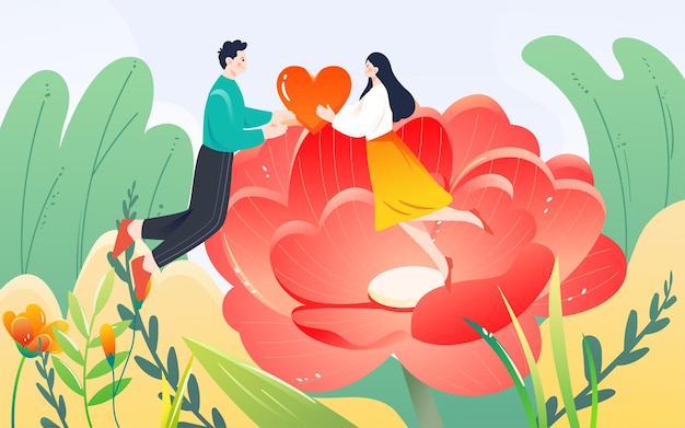 Un couple s'envoyant des coeurs sur l'illustration vectorielle de fleurs