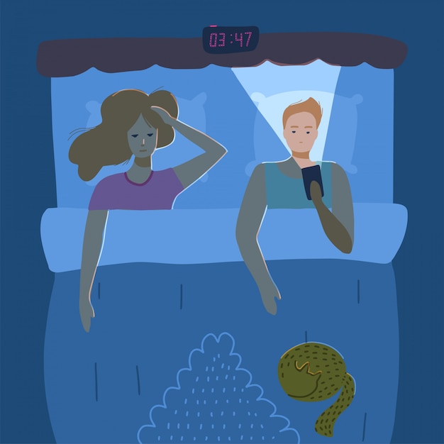 Couple Sans Sommeil De Jeunes. Concept D'insomnie. Vue De Dessus. Homme Et Femme Allongée Dans Le Lit. Illustration De Caractère Dans Un Style Plat.