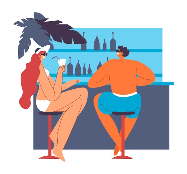 Vecteur couple se reposant au bar au bord de la plage tropicale