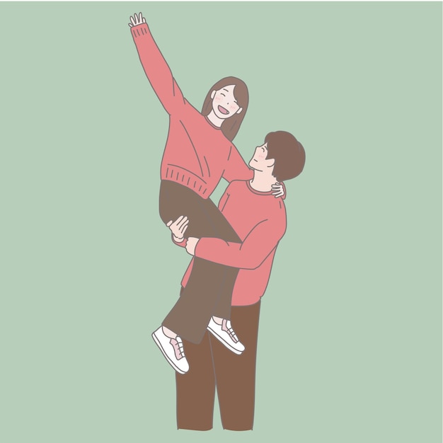 Vecteur un couple se tenant l'un l'autre dans le style de poses ludiques marron clair et vert clair normcore