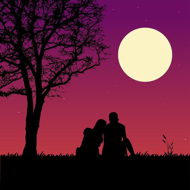 Vecteur un couple sous un arbre et une silhouette au clair de lune