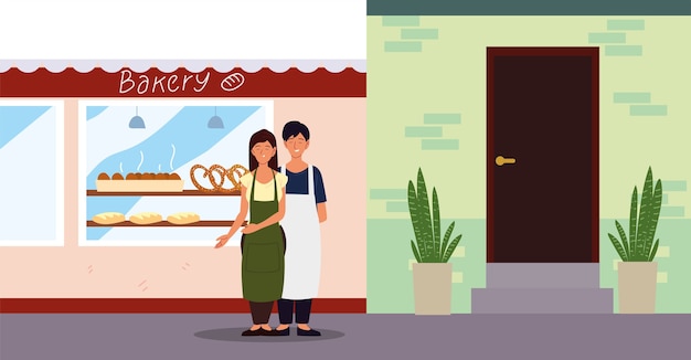 Couple Avec Tablier Dans L'illustration De La Façade De La Boulangerie De Rue