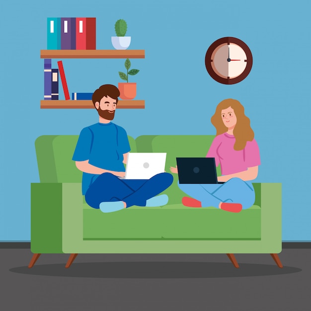 Couple de télétravail dans le salon