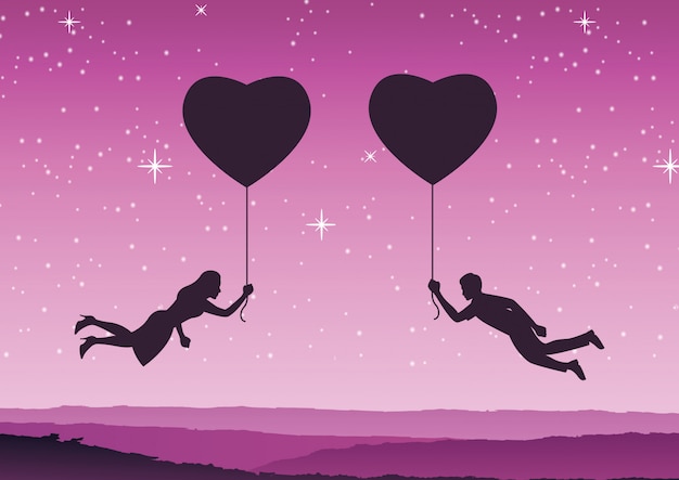 Couple Tenir Ballon En Forme De Coeur Et Voler Approche Ensemble