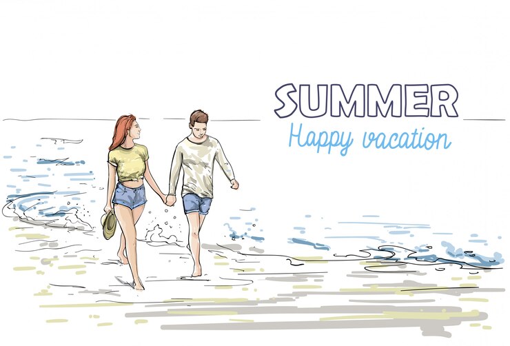 Couple, tenir mains, marcher, plage, homme, femme, vacances, croquis, sur, mer, vacances