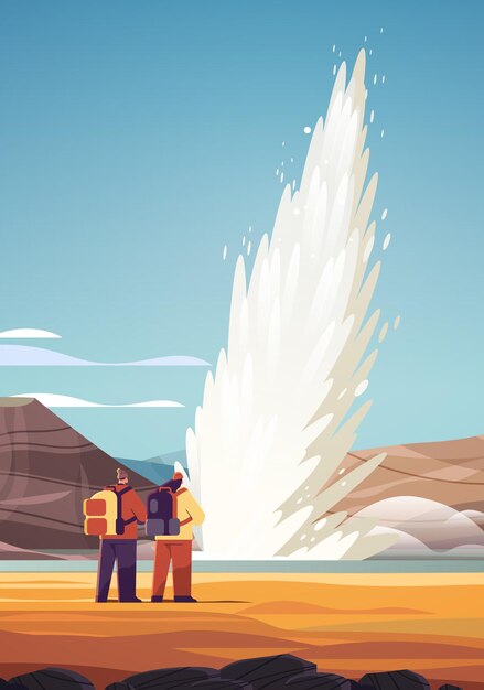Couple De Touristes Près De L'impressionnante éruption De Vapeur D'eau Chaude De Geyser Actif Pulvérisant Sous La Fontaine D'alimentation Au Sol Verticale Extérieure
