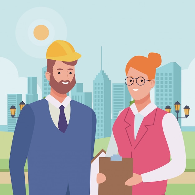 Couple de travailleurs professionnels souriant dessins animés
