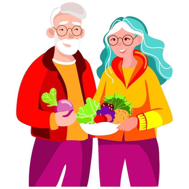 Vecteur un couple végétalien âgé moderne tenant des légumes frais illustration vectorielle