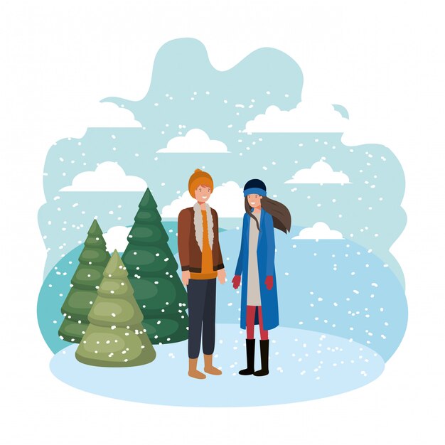 Vecteur couple avec vêtements d'hiver et personnage d'avatar de pin d'hiver