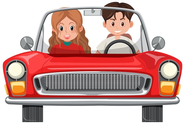 Couple en voiture rouge classique sur fond blanc