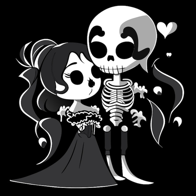 Vecteur couples amoureux les amants dans le style de graphique squelettique noir et blanc deathcore basse résolution