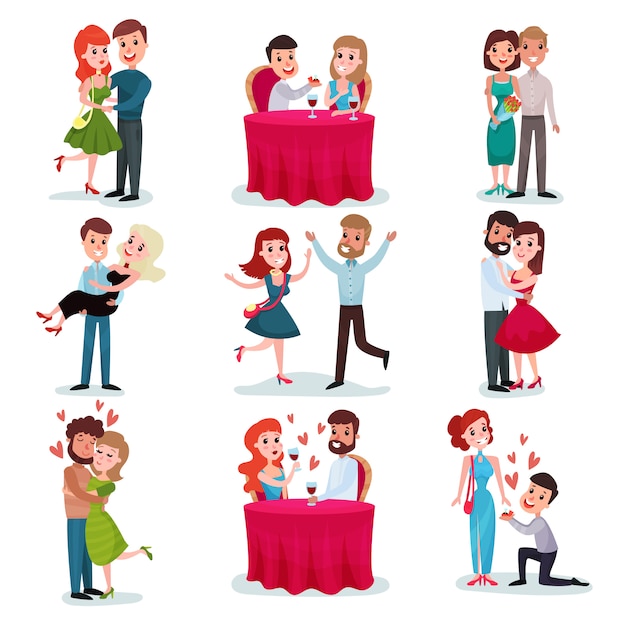 Couples Amoureux Ensemble, Heureux Amoureux à La Date, Au Dîner Romantique, étreindre Et Danser Cartoon Illustrations