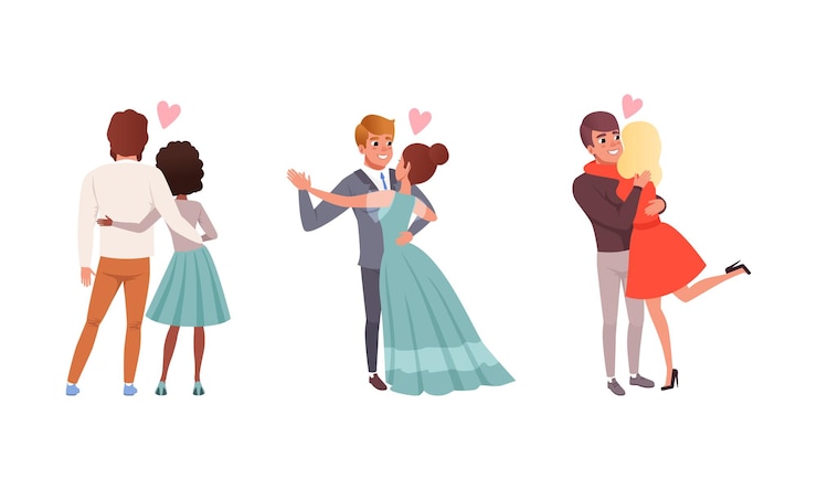 Vecteur couples amoureux d'homme et de femme s'embrassant et dansant ensemble set vectoriel