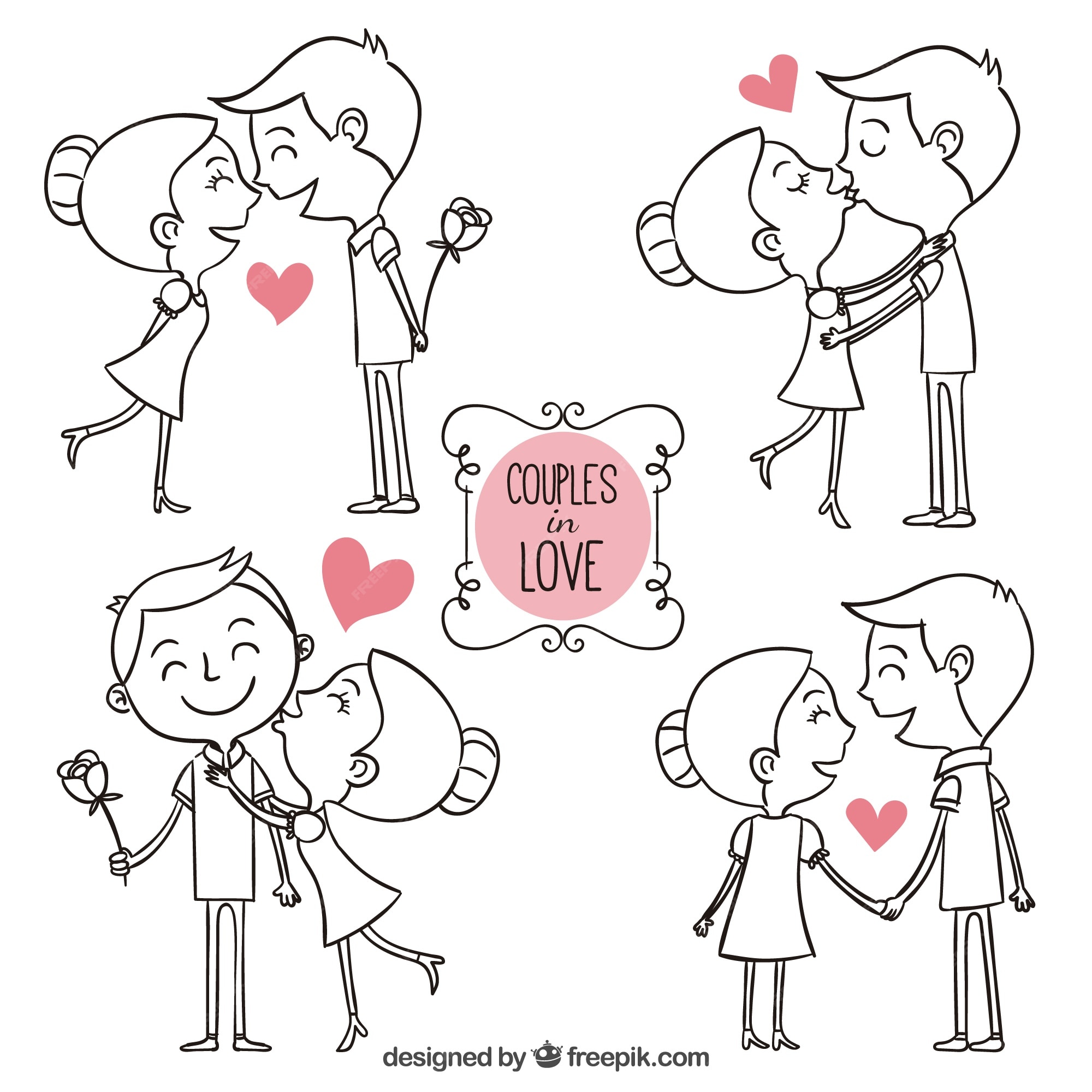 Couples Dessines A La Main Dans L Amour Vecteur Premium