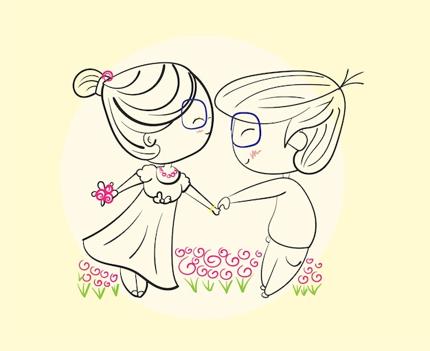 Vecteur des couples heureux dansant par des jours lumineux, illustration dessinée à la main dans le style de sketch doodle.