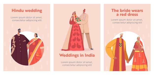 Vecteur les couples indiens traditionnels célèbrent les bannières de la cérémonie de mariage les personnages heureux du marié et de la mariée portent des vêtements de fête