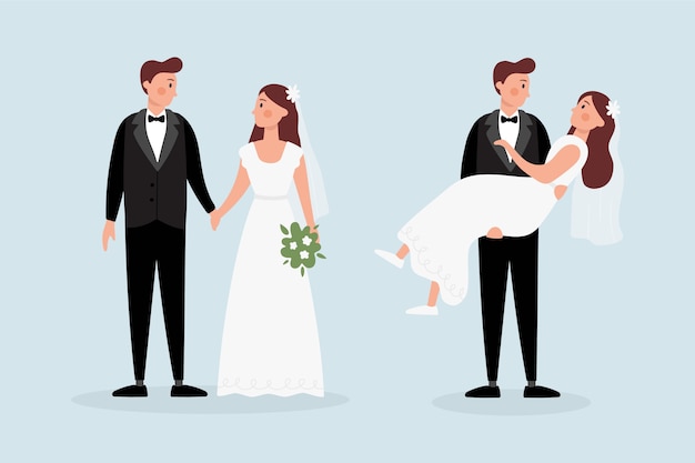 Couples De Mariage Dessinés à La Main Avec Bouquet