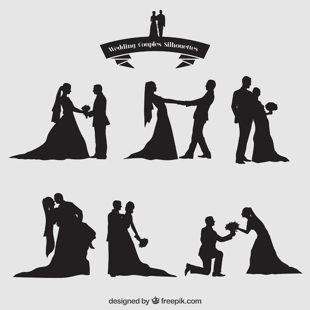 Vecteur couples de mariage silhouettes set