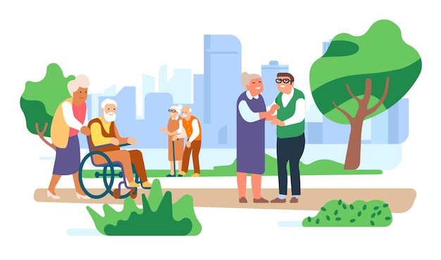 Couples plus âgés marchant ensemble dans le parc Personnes âgées heureuses Loisirs pour personnes âgées Retraité handicapé en fauteuil roulant Familles retraitées se promener Les grands-parents se détendre dans la nature Concept vectoriel