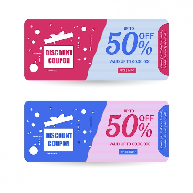 Vecteur coupon de réduction ou mise en page d'une carte-cadeau en deux couleurs avec 50%