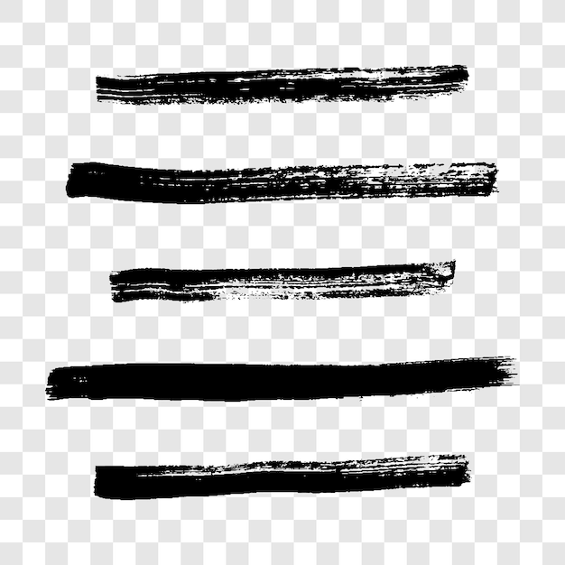 Vecteur coups de pinceau grunge noir. ensemble de cinq bandes d'encre peintes. tache d'encre isolée sur fond transparent. illustration vectorielle