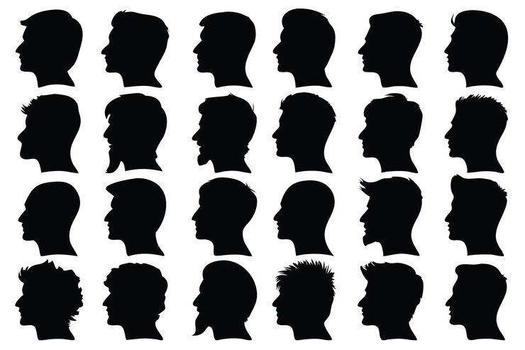 Vecteur coupures de cheveux masculines silhouettes établies illustration vectorielle plate isolée sur fond blanc