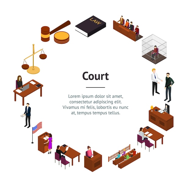 Cour Session Droit Et Justice Concept Bannière Carte Cercle 3d Vue Isométrique Inclure Du Juge Avocat Jury Défendeur Et Témoin Illustration Vectorielle