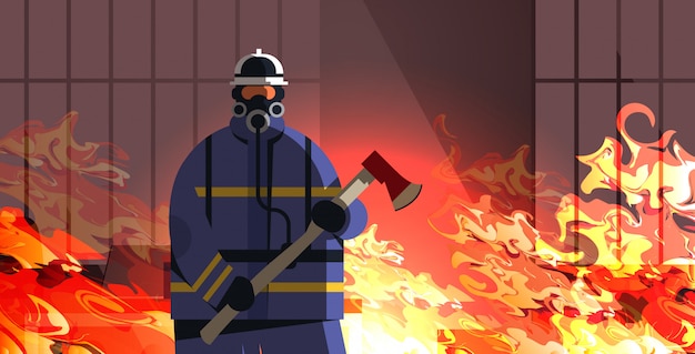 courageux pompier tenant hache pompier portant uniforme et casque lutte contre les incendies service d'urgence extinction incendie concept brûler maison intérieur orange flamme fond portrait illustration