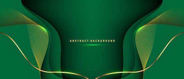 Courbe de luxe abstraite, lignes dorées, ombre sur fond vert avec espace de copie pour le vecteur de conception de texte