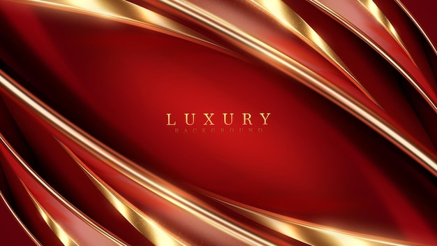 Vecteur courbes dorées élégantes réalistes sur fond rouge avec décoration à effet de lumière scintillante