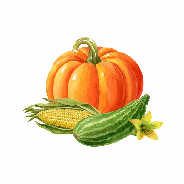 Courge à Rayures Vertes Orange Citrouille Et épi De Maïs Isolé Sur Illustration Vectorielle Aquarelle Blanc