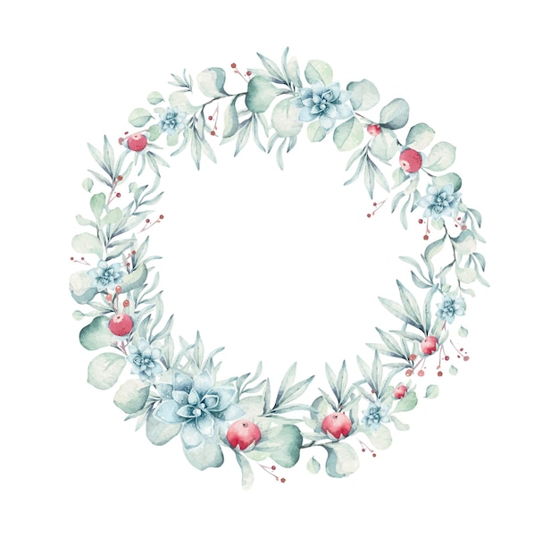 Couronne aquarelle d'épinette avec des baies de houx et de gui pour la décoration de Noël