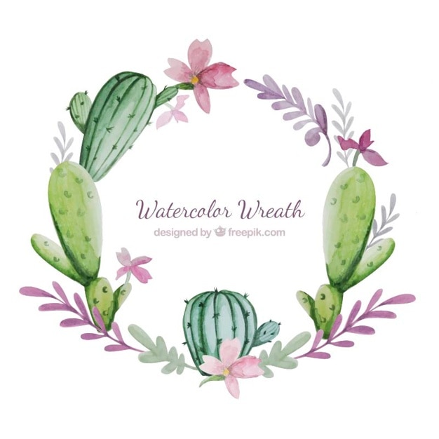 Couronne D'aquarelle Avec Des Fleurs Et Cactus