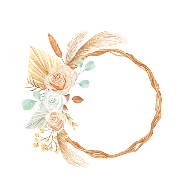 Couronne aquarelle avec plantes séchées et feuilles de style bohème