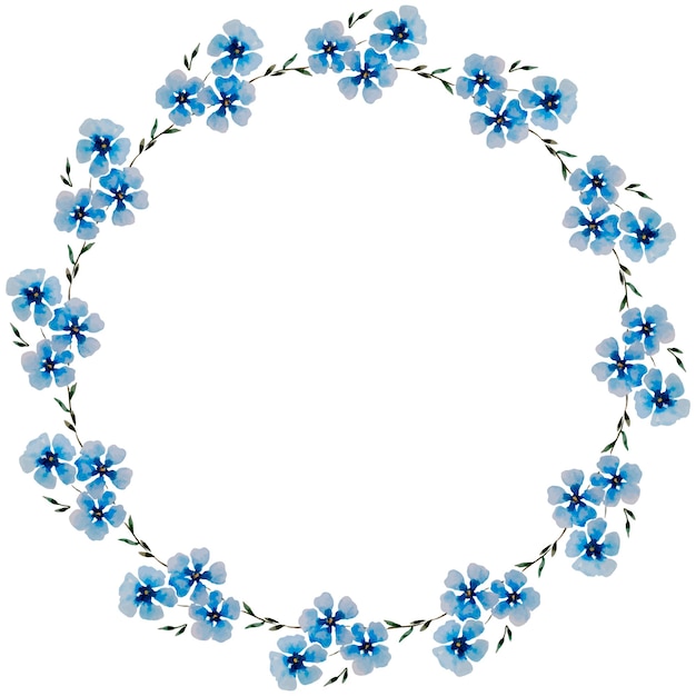 Vecteur couronne d'aquarelle ronde avec des fleurs bleues sur fond blanc