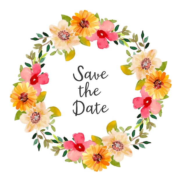 Couronne D'aquarelle Save The Date Avec Des Fleurs Rouges Et Jaunes