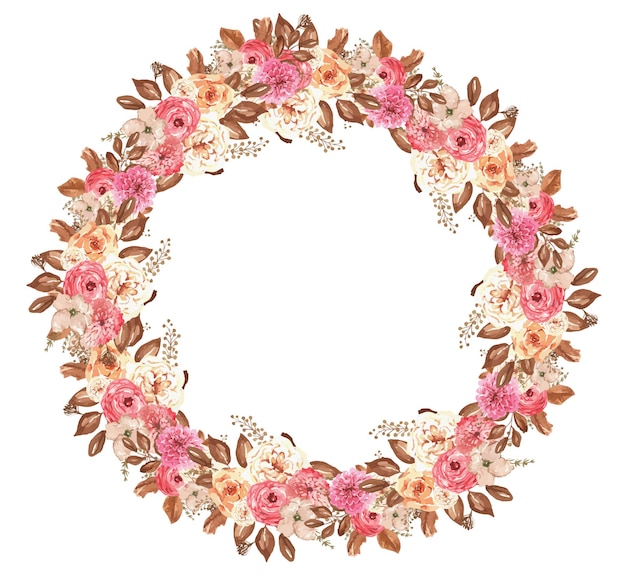 Couronne botanique à l'aquarelle avec des asters d'automne et des feuilles dessinées à la main