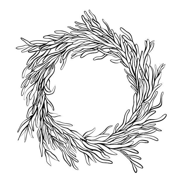 Couronne Botanique Décorative Dans Le Style D'encre, Cadre Rond Avec Des Feuilles. Illustration Vectorielle Dessinés à La Main