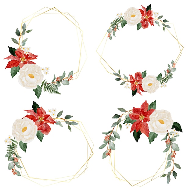 Couronne De Bouquet De Fleurs De Noël Aquarelle Avec Collection De Cadres Dorés