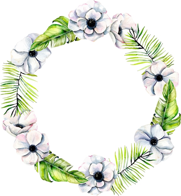 Couronne, cadre cercle avec des anémones blanches aquarelles et des feuilles de palmiers verts