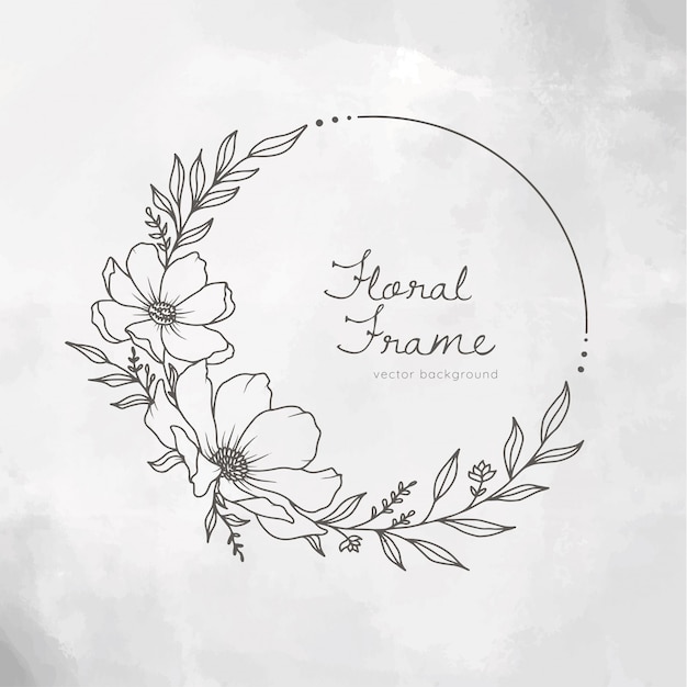 Couronne De Cadre Floral Dessiné à La Main Sur Fond Peint Blanc