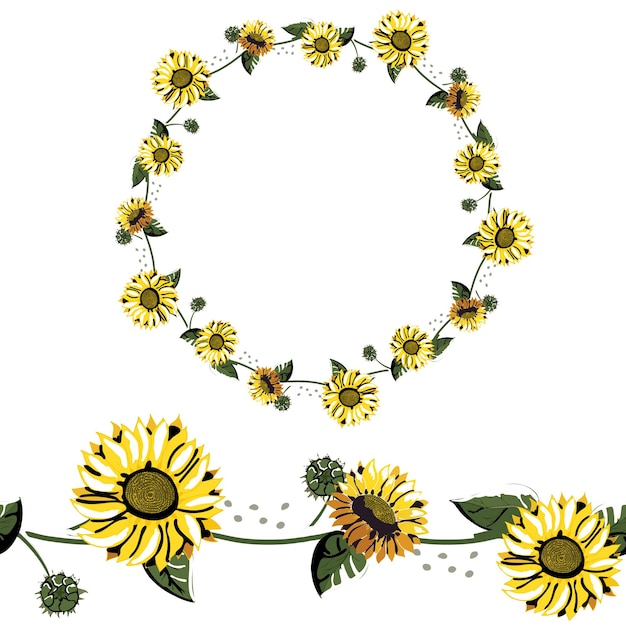 Couronne De Contour Détaillée Avec Des Tournesols Jaunes Avec Des Feuilles Vertes Isolées Sur Blanc Cadre Rond Pour Votre Conception Cartes De Voeux Annonces De Mariage Affiches Brosse à Motif Sans Couture